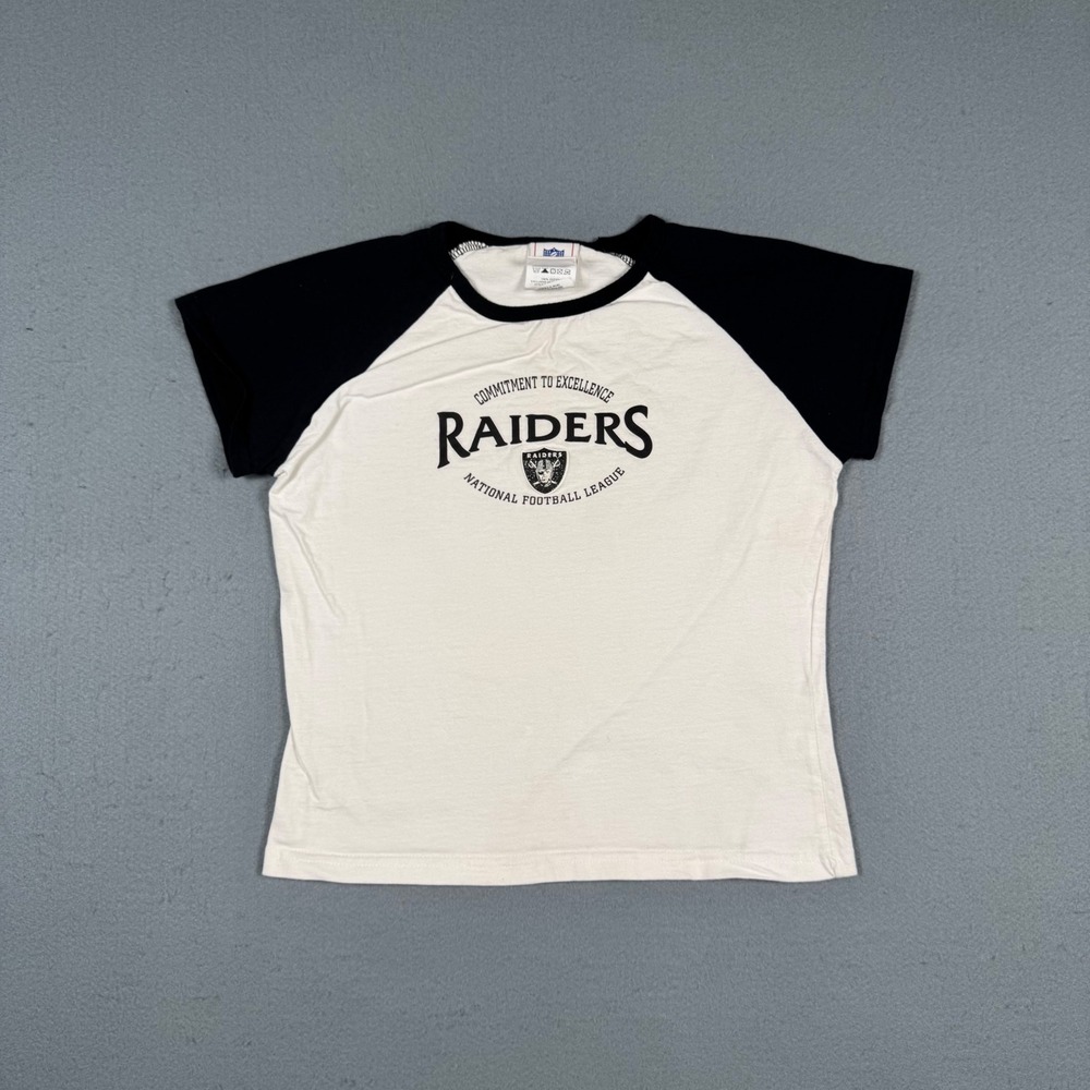 NFL For Her Raiders Raglan T-Shirt Womens XS White Black Cotton Graphic Tee Y2K
